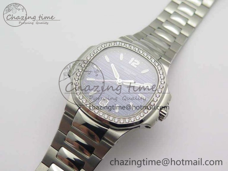 Nautilus Jumbo Ladies 7018 PF 1:1 Best Edition Blue Dial Diam Bezel On SS Bracelet A324 Clone
