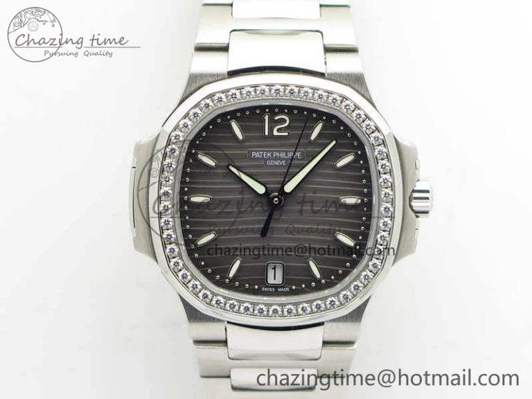 Nautilus Jumbo Ladies 7018 PF 1:1 Best Edition Gray Dial Diam Bezel On SS Bracelet A324 Clone