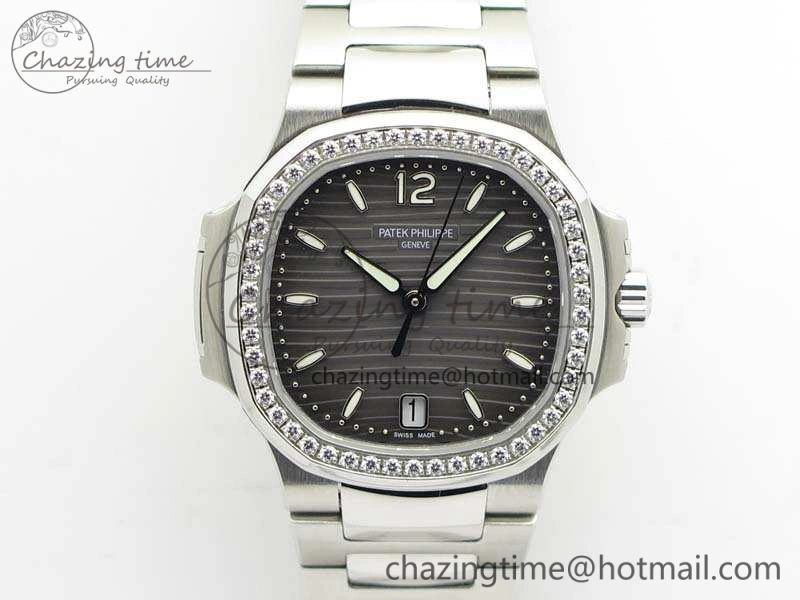 Nautilus Jumbo Ladies 7018 PF 1:1 Best Edition Gray Dial Diam Bezel On SS Bracelet A324 Clone