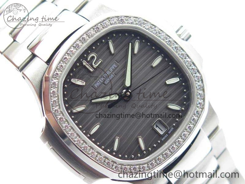 Nautilus Jumbo Ladies 7018 PF 1:1 Best Edition Gray Dial Diam Bezel On SS Bracelet A324 Clone