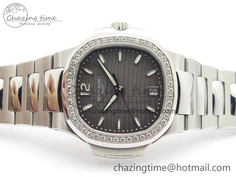 Nautilus Jumbo Ladies 7018 PF 1:1 Best Edition Gray Dial Diam Bezel On SS Bracelet A324 Clone