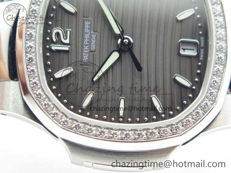 Nautilus Jumbo Ladies 7018 PF 1:1 Best Edition Gray Dial Diam Bezel On SS Bracelet A324 Clone