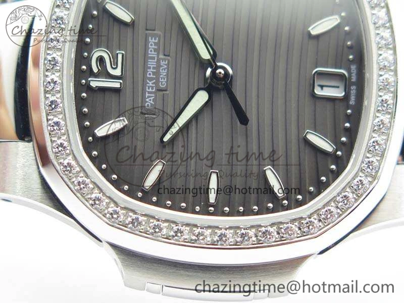Nautilus Jumbo Ladies 7018 PF 1:1 Best Edition Gray Dial Diam Bezel On SS Bracelet A324 Clone