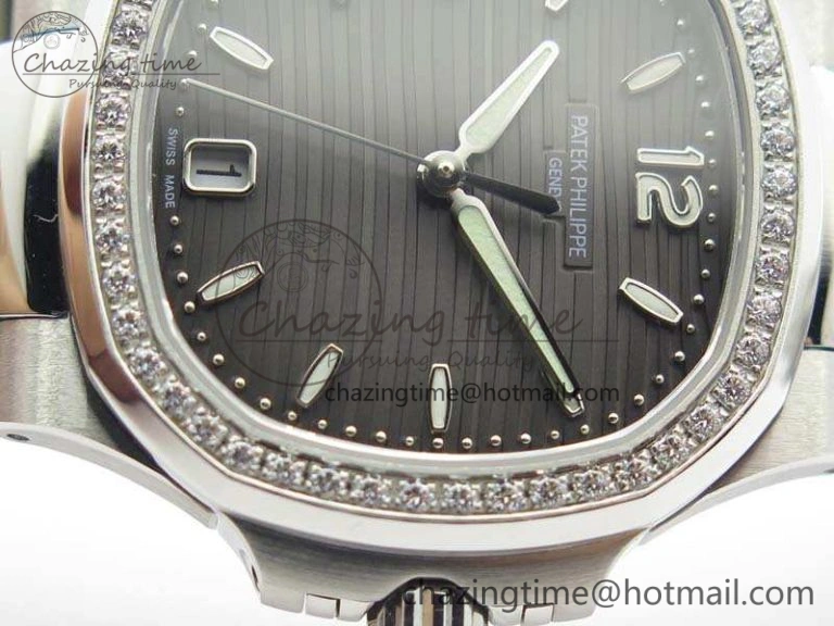 Nautilus Jumbo Ladies 7018 PF 1:1 Best Edition Gray Dial Diam Bezel On SS Bracelet A324 Clone