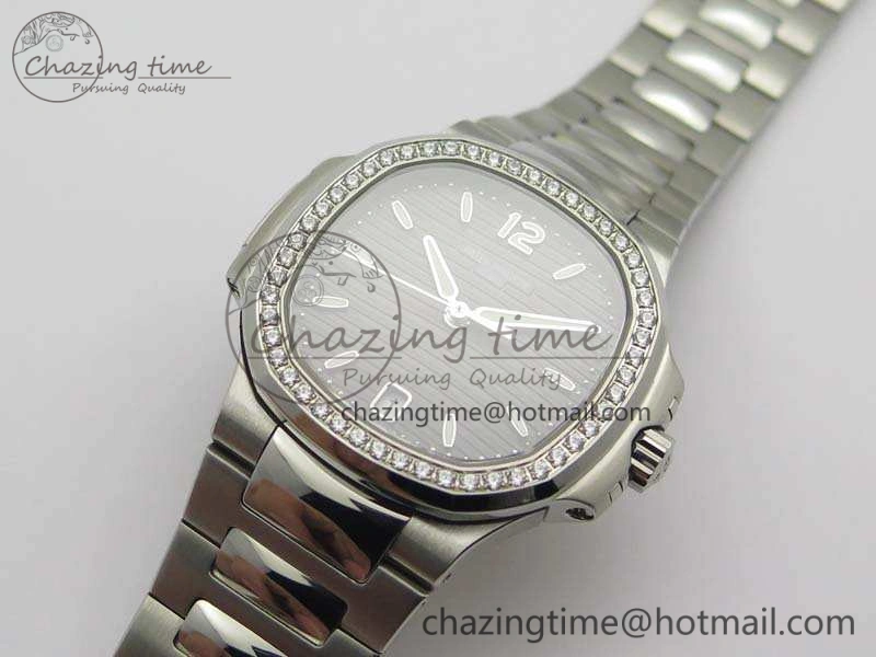 Nautilus Jumbo Ladies 7018 PF 1:1 Best Edition Gray Dial Diam Bezel On SS Bracelet A324 Clone