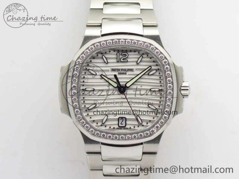 Nautilus Jumbo Ladies 7018 PF 1:1 Best Edition White Dial Diam Bezel On SS Bracelet A324 Clone
