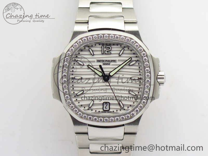 Nautilus Jumbo Ladies 7018 PF 1:1 Best Edition White Dial Diam Bezel On SS Bracelet A324 Clone
