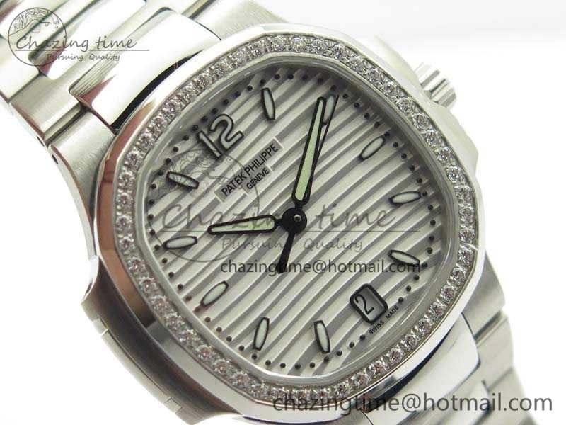 Nautilus Jumbo Ladies 7018 PF 1:1 Best Edition White Dial Diam Bezel On SS Bracelet A324 Clone