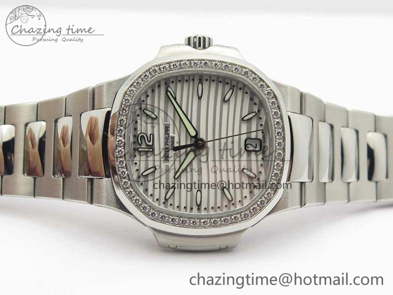 Nautilus Jumbo Ladies 7018 PF 1:1 Best Edition White Dial Diam Bezel On SS Bracelet A324 Clone