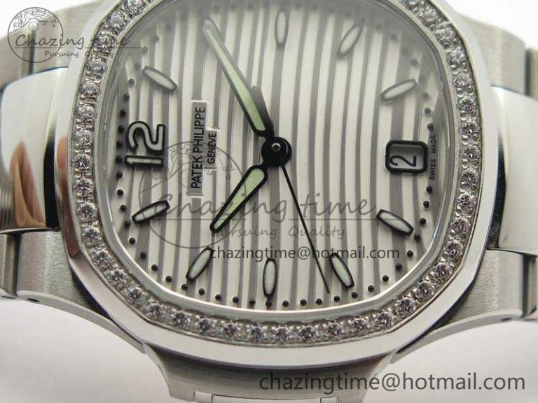 Nautilus Jumbo Ladies 7018 PF 1:1 Best Edition White Dial Diam Bezel On SS Bracelet A324 Clone