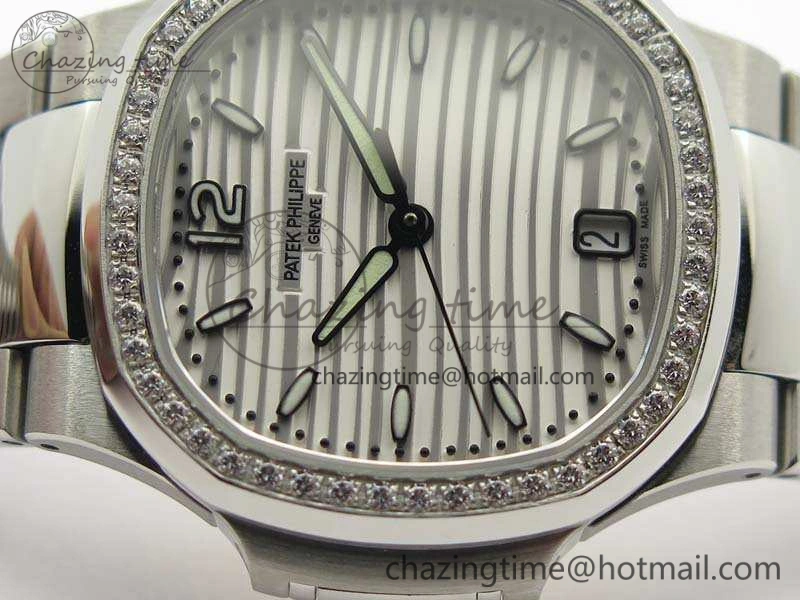Nautilus Jumbo Ladies 7018 PF 1:1 Best Edition White Dial Diam Bezel On SS Bracelet A324 Clone