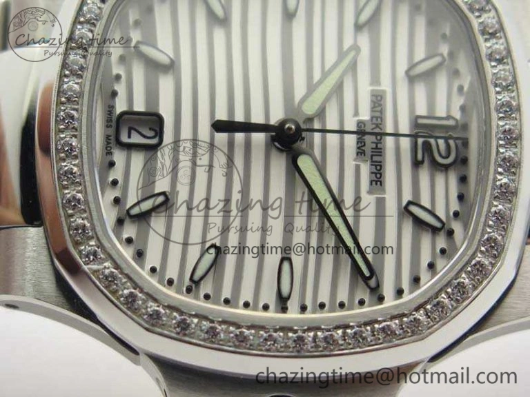 Nautilus Jumbo Ladies 7018 PF 1:1 Best Edition White Dial Diam Bezel On SS Bracelet A324 Clone