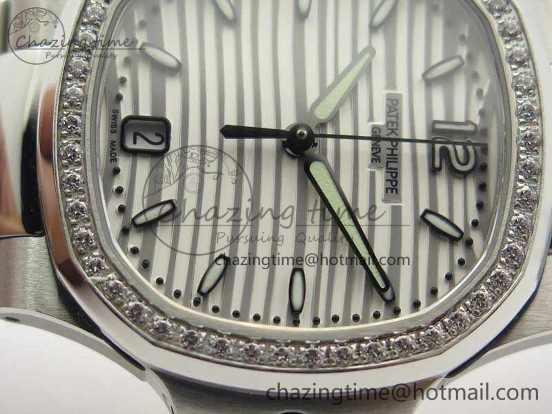 Nautilus Jumbo Ladies 7018 PF 1:1 Best Edition White Dial Diam Bezel On SS Bracelet A324 Clone