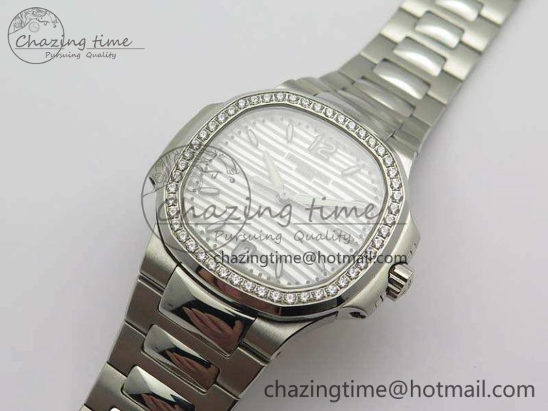 Nautilus Jumbo Ladies 7018 PF 1:1 Best Edition White Dial Diam Bezel On SS Bracelet A324 Clone