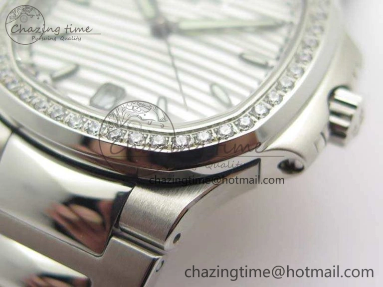 Nautilus Jumbo Ladies 7018 PF 1:1 Best Edition White Dial Diam Bezel On SS Bracelet A324 Clone