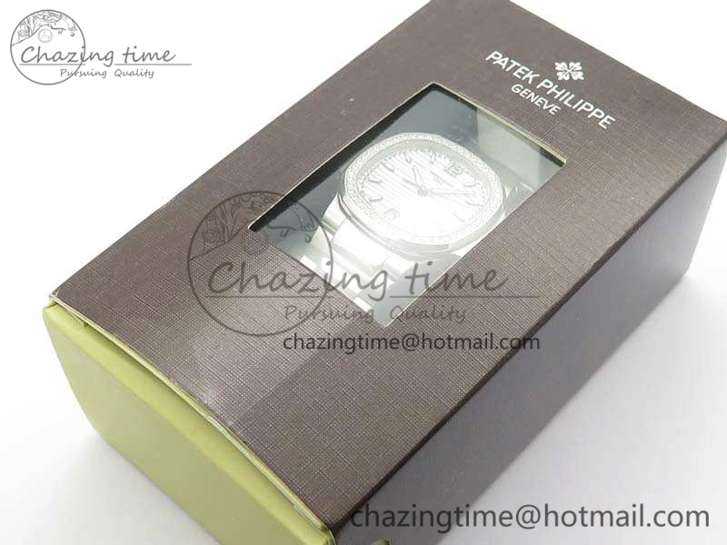Nautilus Jumbo Ladies 7018 PF 1:1 Best Edition White Dial Diam Bezel On SS Bracelet A324 Clone