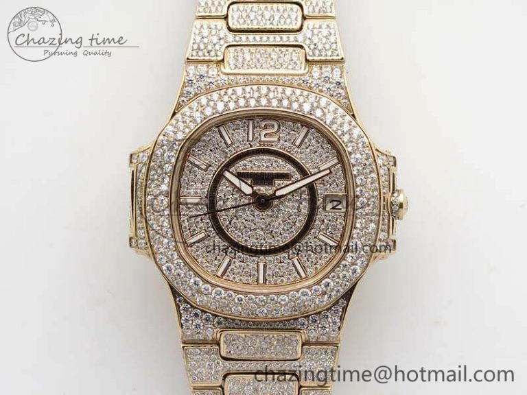 Nautilus Jumbo Ladies 7021 RG Full Paved Diamonds On Diamonds Plated RG Bracelet MIYOTA 9015