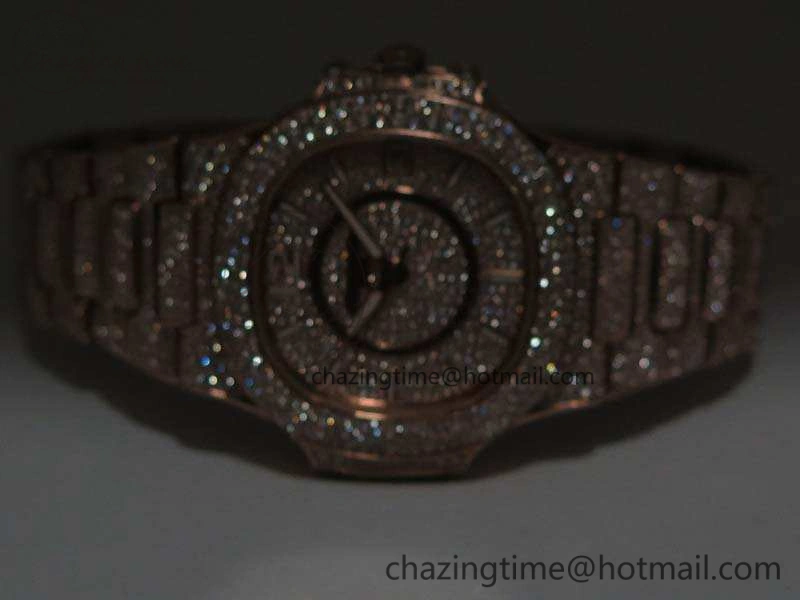 Nautilus Jumbo Ladies 7021 RG Full Paved Diamonds On Diamonds Plated RG Bracelet MIYOTA 9015