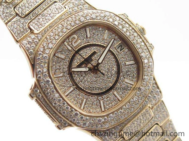 Nautilus Jumbo Ladies 7021 RG Full Paved Diamonds On Diamonds Plated RG Bracelet MIYOTA 9015