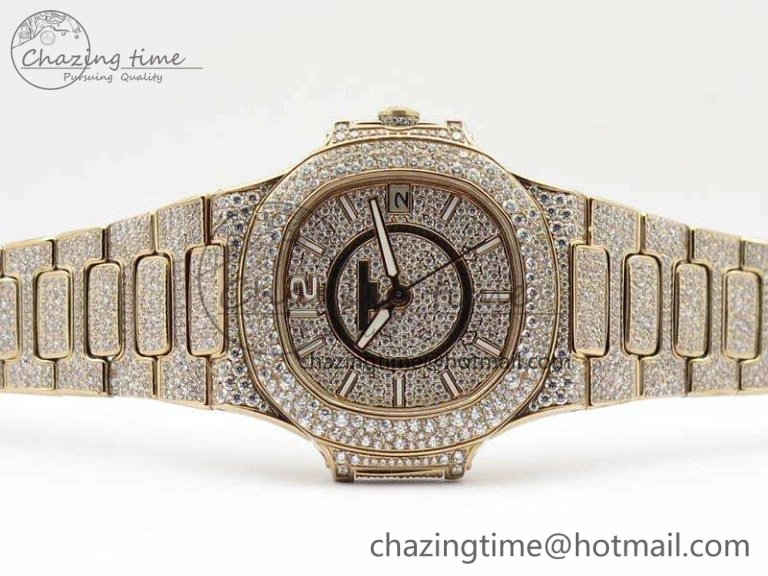 Nautilus Jumbo Ladies 7021 RG Full Paved Diamonds On Diamonds Plated RG Bracelet MIYOTA 9015