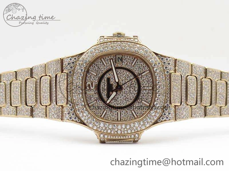 Nautilus Jumbo Ladies 7021 RG Full Paved Diamonds On Diamonds Plated RG Bracelet MIYOTA 9015
