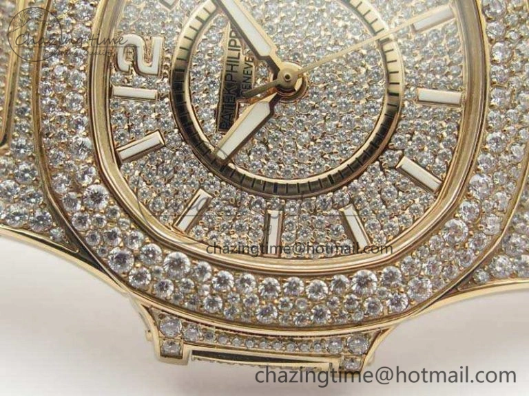 Nautilus Jumbo Ladies 7021 RG Full Paved Diamonds On Diamonds Plated RG Bracelet MIYOTA 9015