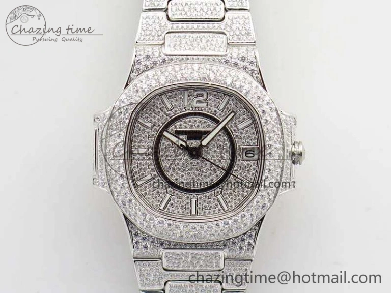 Nautilus Jumbo Ladies 7021 SS Full Paved Diamonds On Diamonds Plated SS Bracelet MIYOTA 9015