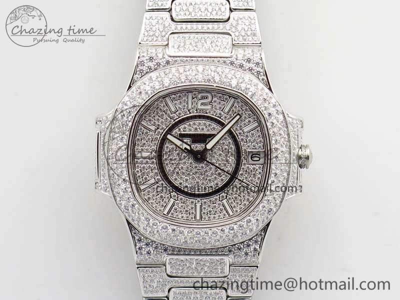 Nautilus Jumbo Ladies 7021 SS Full Paved Diamonds On Diamonds Plated SS Bracelet MIYOTA 9015