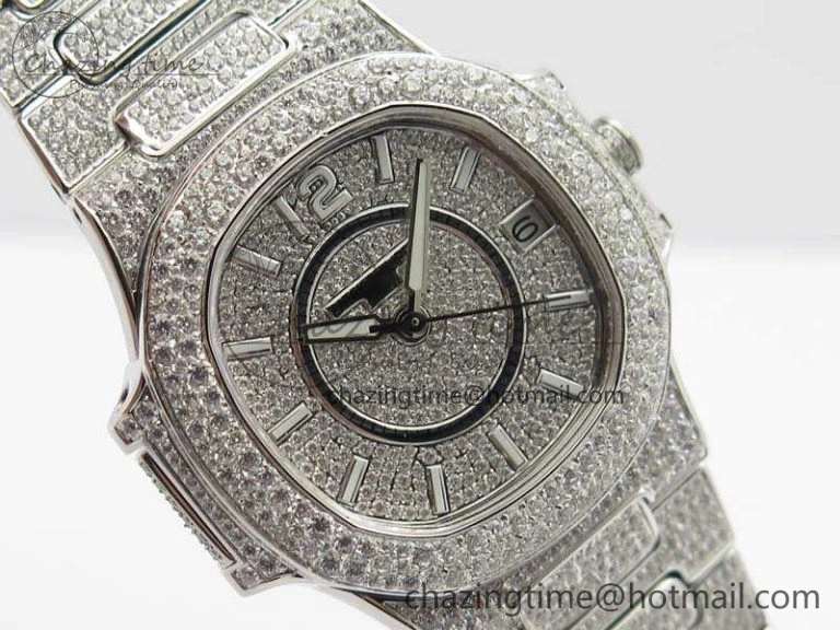 Nautilus Jumbo Ladies 7021 SS Full Paved Diamonds On Diamonds Plated SS Bracelet MIYOTA 9015