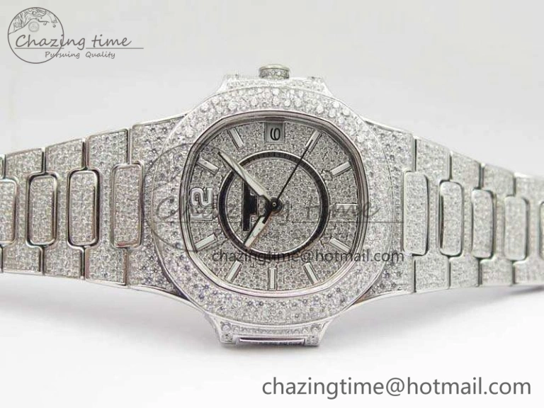 Nautilus Jumbo Ladies 7021 SS Full Paved Diamonds On Diamonds Plated SS Bracelet MIYOTA 9015