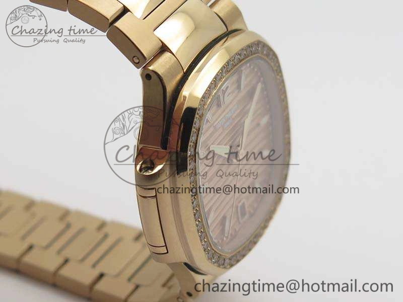 Nautilus Jumbo Ladies 7118 RG PF 1:1 Best Edition Gold Dial Diam Bezel On RG Bracelet A324 Clone