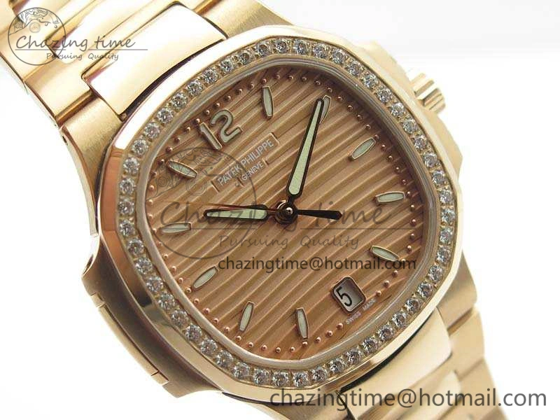 Nautilus Jumbo Ladies 7118 RG PF 1:1 Best Edition Gold Dial Diam Bezel On RG Bracelet A324 Clone