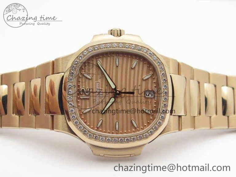 Nautilus Jumbo Ladies 7118 RG PF 1:1 Best Edition Gold Dial Diam Bezel On RG Bracelet A324 Clone