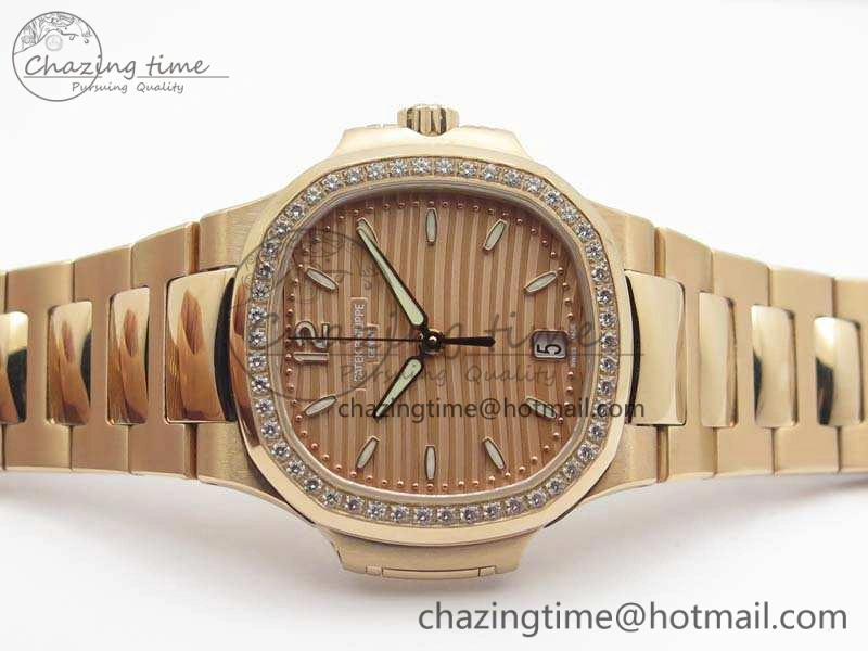 Nautilus Jumbo Ladies 7118 RG PF 1:1 Best Edition Gold Dial Diam Bezel On RG Bracelet A324 Clone