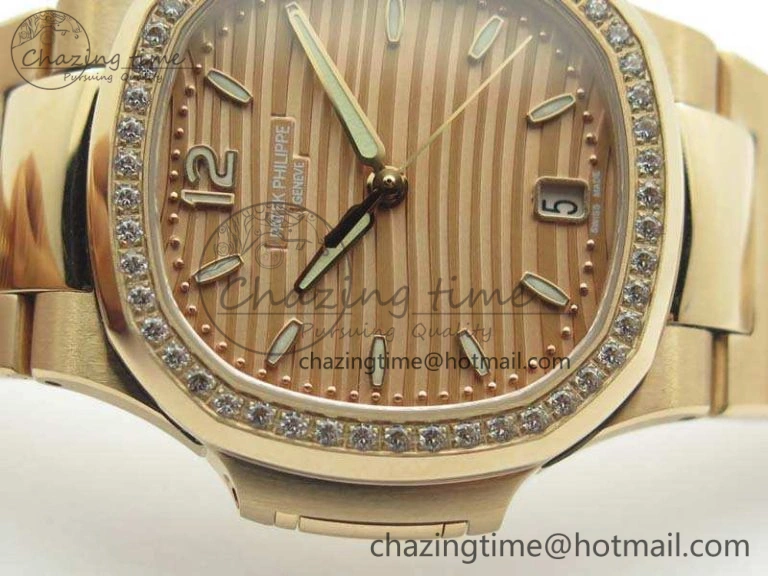 Nautilus Jumbo Ladies 7118 RG PF 1:1 Best Edition Gold Dial Diam Bezel On RG Bracelet A324 Clone