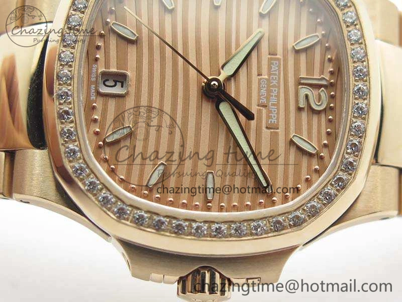 Nautilus Jumbo Ladies 7118 RG PF 1:1 Best Edition Gold Dial Diam Bezel On RG Bracelet A324 Clone
