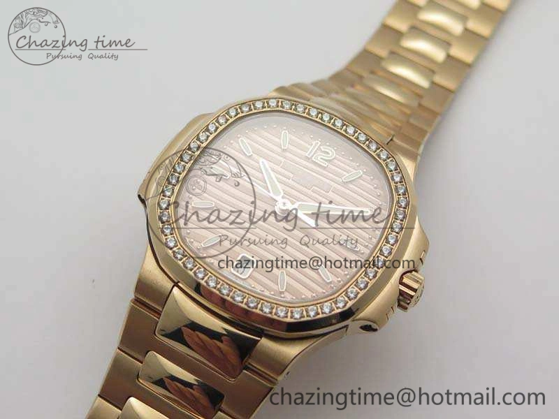 Nautilus Jumbo Ladies 7118 RG PF 1:1 Best Edition Gold Dial Diam Bezel On RG Bracelet A324 Clone