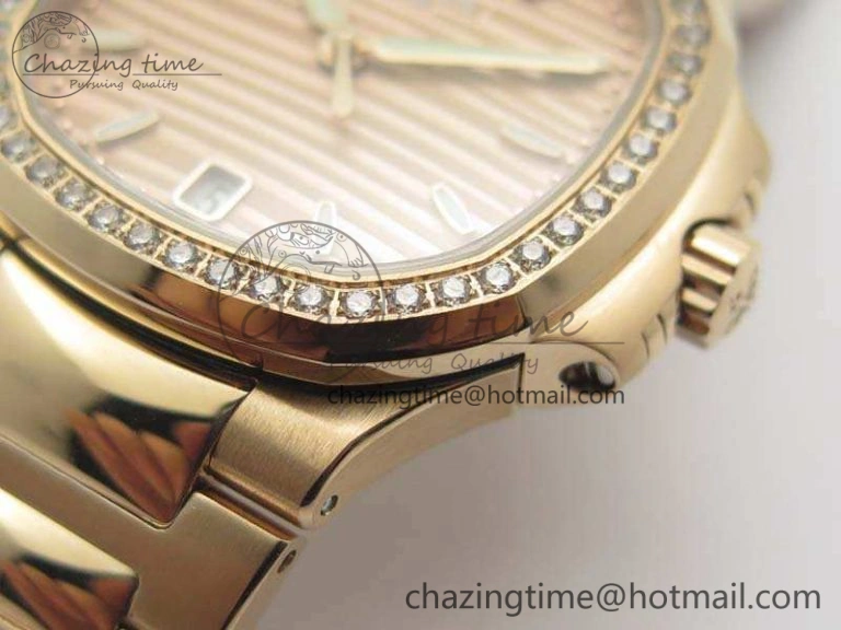Nautilus Jumbo Ladies 7118 RG PF 1:1 Best Edition Gold Dial Diam Bezel On RG Bracelet A324 Clone