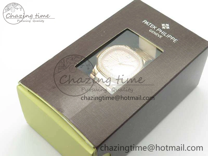 Nautilus Jumbo Ladies 7118 RG PF 1:1 Best Edition Gold Dial Diam Bezel On RG Bracelet A324 Clone