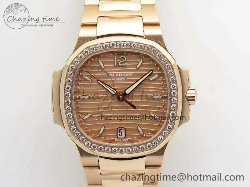 Nautilus Jumbo Ladies 7118 RG PF 1:1 Best Edition Gold Dial Diam Bezel On RG Bracelet A324 Clone