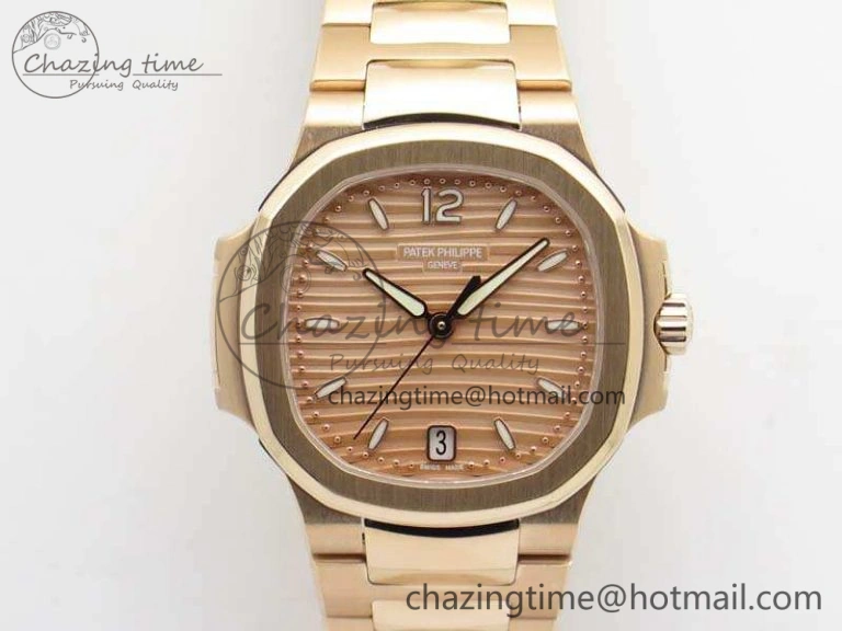 Nautilus Jumbo Ladies 7118 RG PF 1:1 Best Edition Gold Textured Dial On RG Bracelet A324 Clone