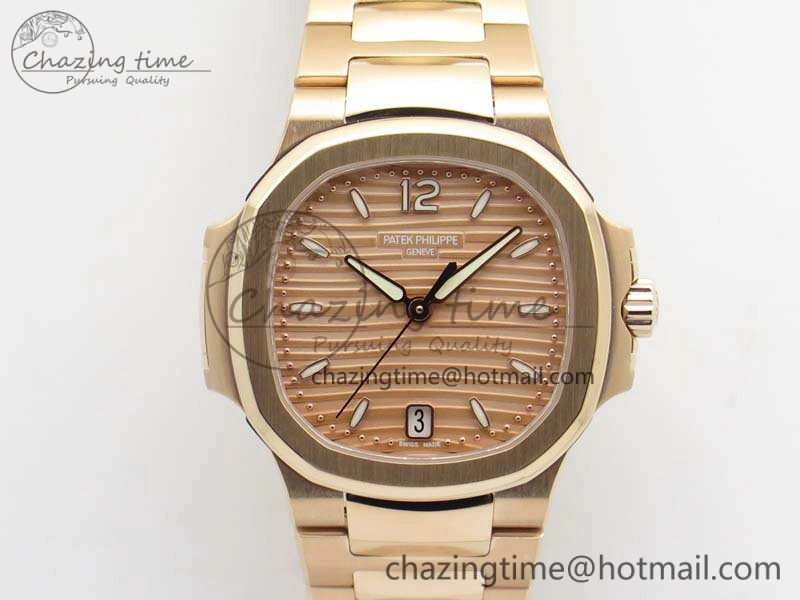 Nautilus Jumbo Ladies 7118 RG PF 1:1 Best Edition Gold Textured Dial On RG Bracelet A324 Clone