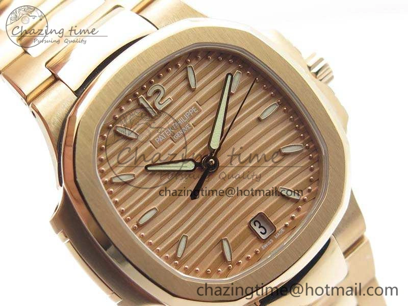 Nautilus Jumbo Ladies 7118 RG PF 1:1 Best Edition Gold Textured Dial On RG Bracelet A324 Clone