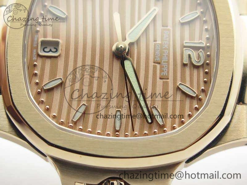 Nautilus Jumbo Ladies 7118 RG PF 1:1 Best Edition Gold Textured Dial On RG Bracelet A324 Clone