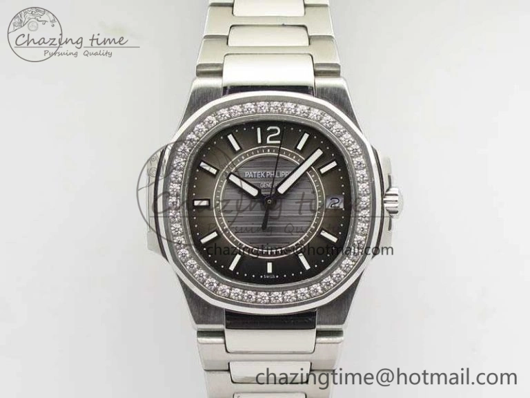 Nautilus Ladies 7011 SS JJF 1:1 Best Edition Diamond Bezel Gray Dial On SS Bracelet ETA Quartz