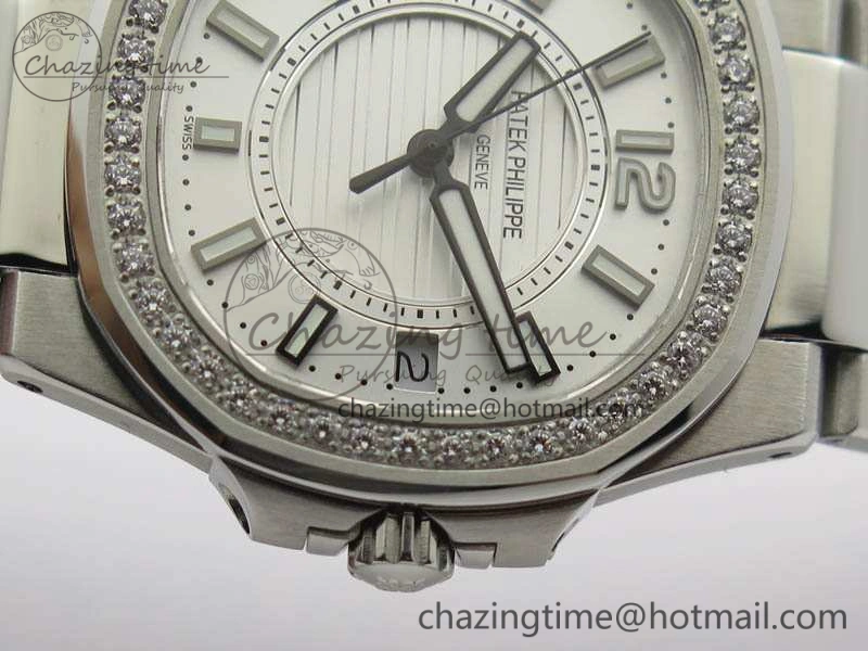Nautilus Ladies 7011 SS JJF 1:1 Best Edition Diamond Bezel White Dial On SS Bracelet ETA Quartz