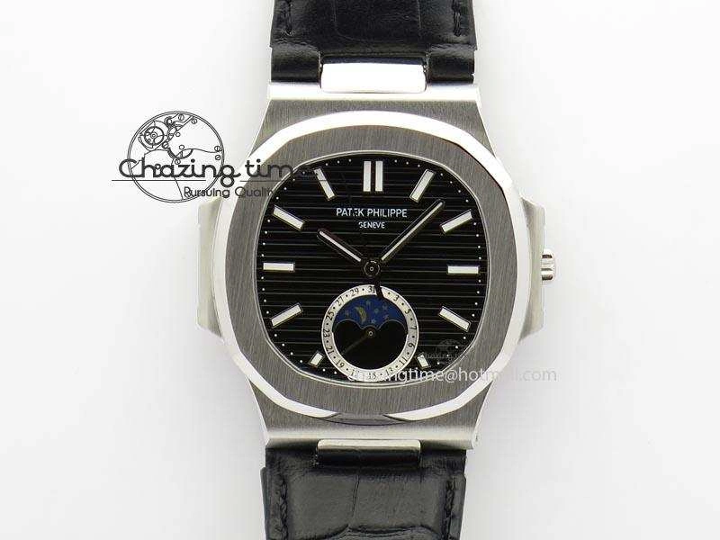 Nautilus Moonphase SS Black Dial On Black Leather Strap MIYOTA 9015 PP324CS
