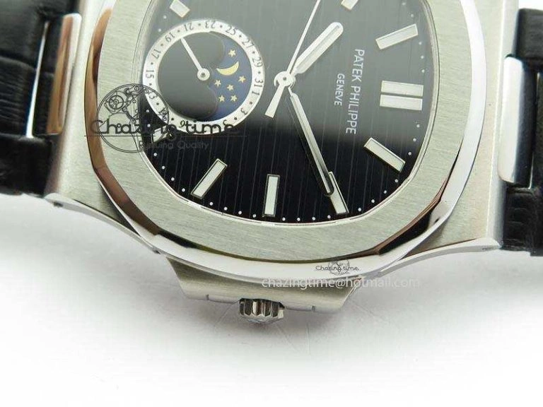 Nautilus Moonphase SS Black Dial On Black Leather Strap MIYOTA 9015 PP324CS