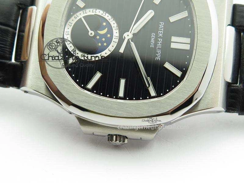 Nautilus Moonphase SS Black Dial On Black Leather Strap MIYOTA 9015 PP324CS