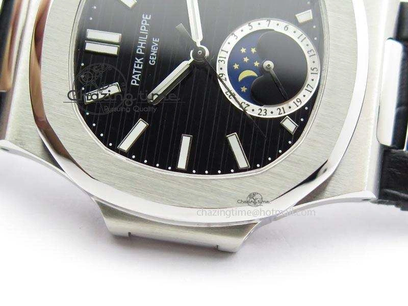Nautilus Moonphase SS Black Dial On Black Leather Strap MIYOTA 9015 PP324CS